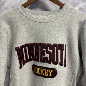 Vintage 90s Minnesota Hockey Sweatshirt Mens Small 22x24 Gray Embroidered